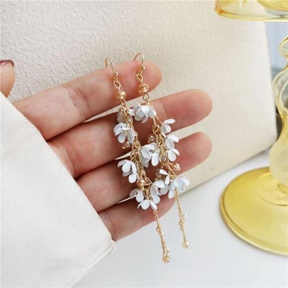 Jewelry - Boho White Flower Statement Stud Earrings Long 3D Petal Drop Dangle Earrings